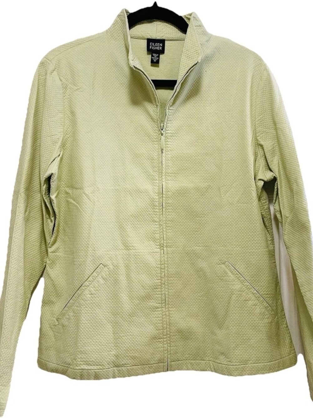 EILEEN FISHER Yellow/Green Waffle Knit Full Zip Up Light Jacket Sz M NWOT
